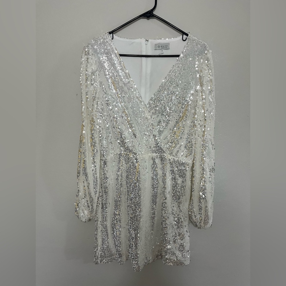 Wayf White and Silver Sequin Long Sleeve Dress